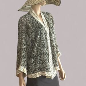 Coldwater Creek Size XL Kimono Black Cream Cardigan Geometric Floral Sheer Cape